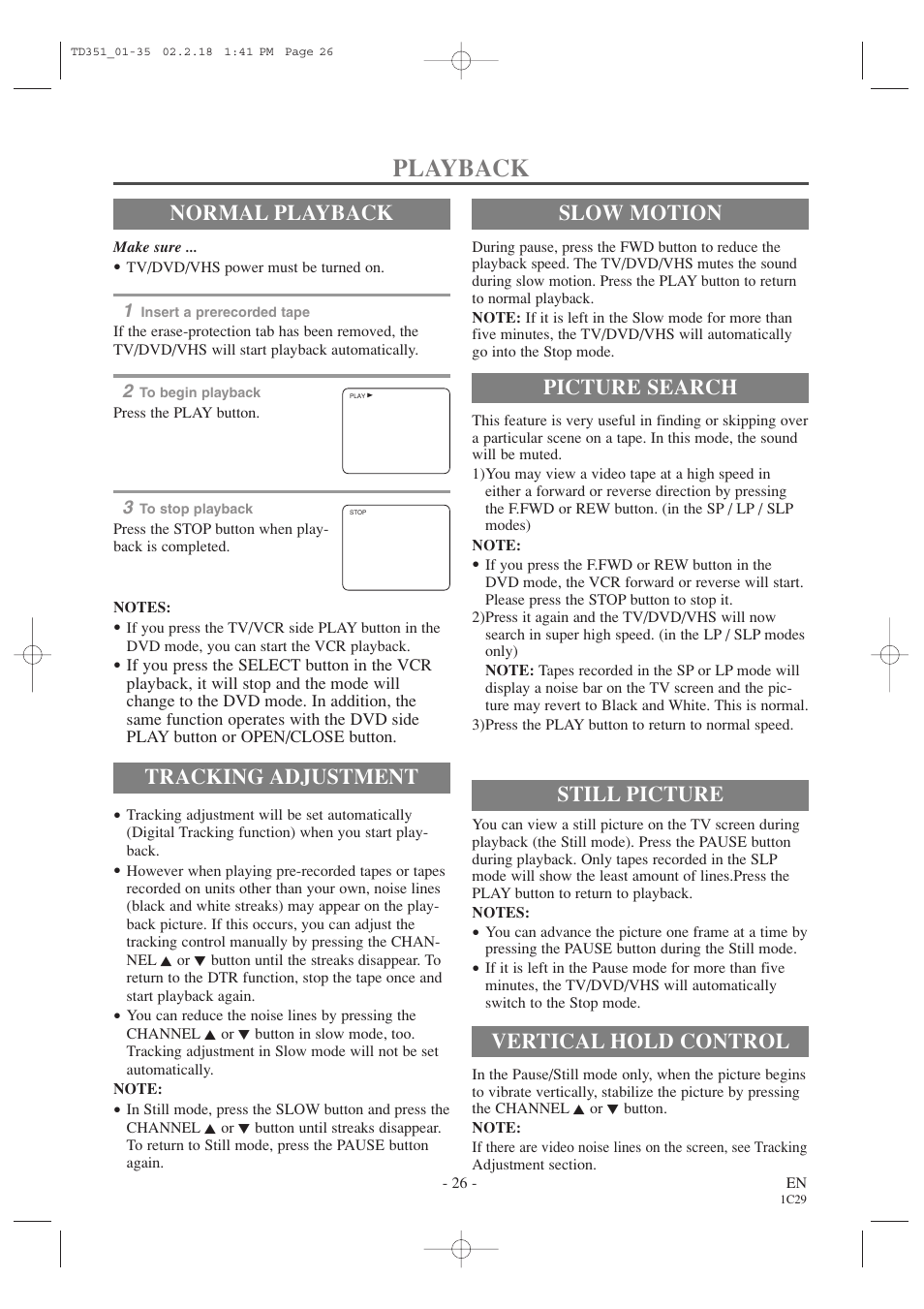 Playback, Normal playback, Tracking adjustment | Picture search, Still picture, Vertical hold control, Slow motion | Emerson EWC19T1 User Manual | Page 26 / 64