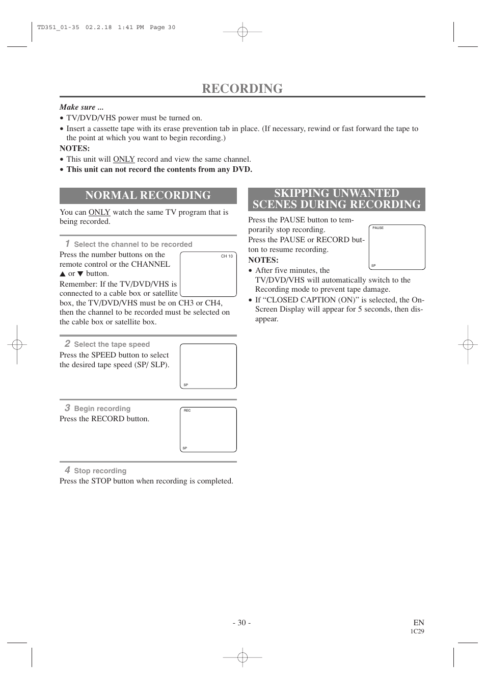 Recording, Normal recording, Skipping unwanted scenes during recording | Emerson EWC19T1 User Manual | Page 30 / 64