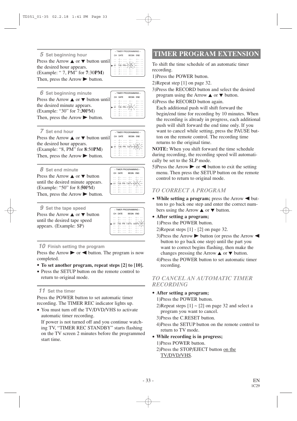 Timer program extension, 33 - en, Set beginning hour | Set beginning minute, Set end hour, Set end minute, Set the tape speed, Finish setting the program, Set the timer, 1c29 | Emerson EWC19T1 User Manual | Page 33 / 64