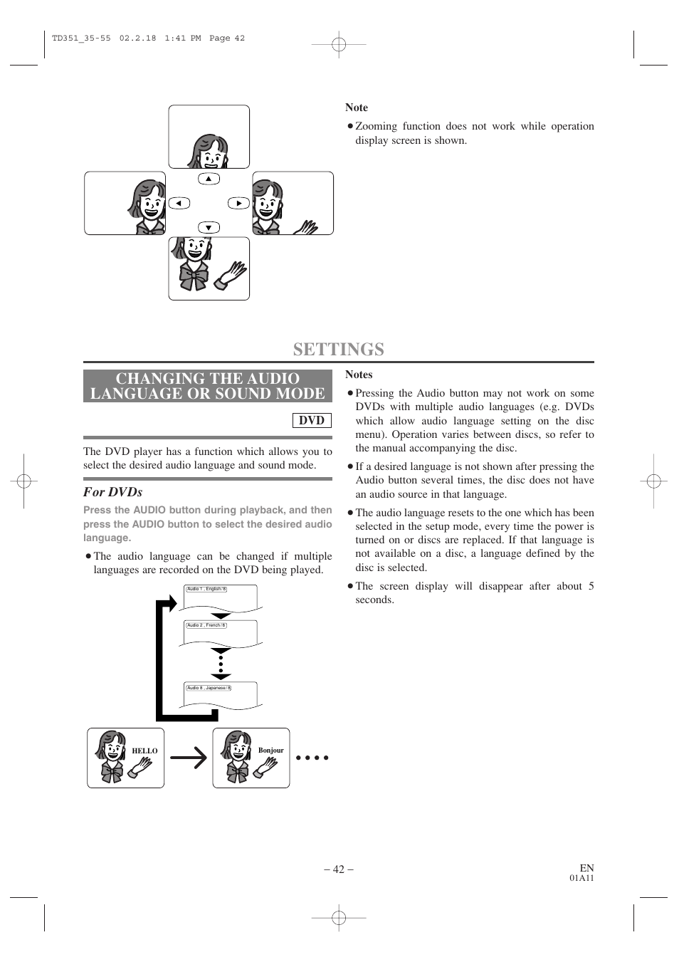 Settings, Changing the audio language or sound mode, For dvds | Emerson EWC19T1 User Manual | Page 42 / 64