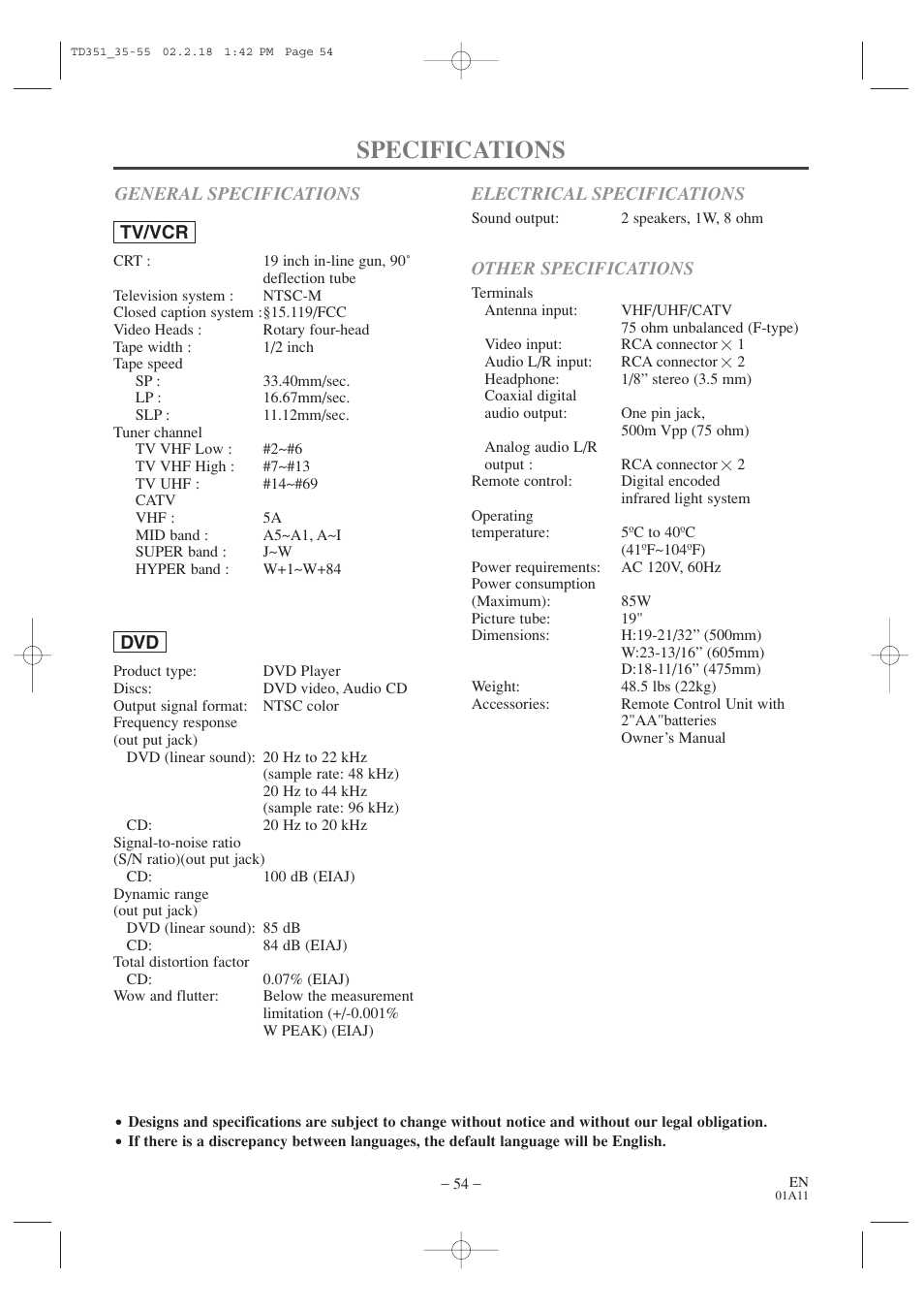 Specifications | Emerson EWC19T1 User Manual | Page 54 / 64