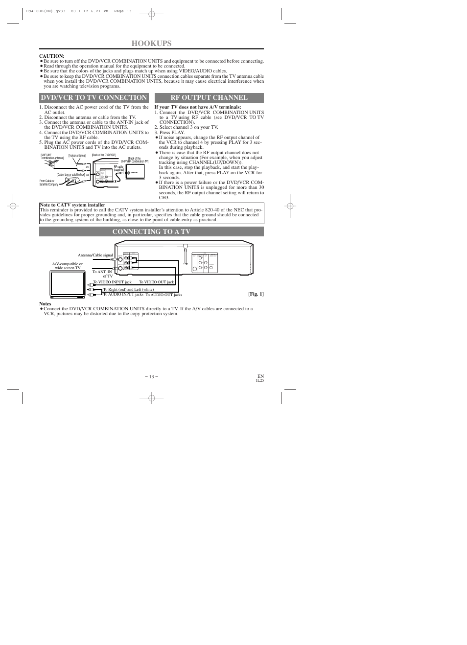 Hookups, Connecting to a tv, Dvd/vcr to tv connection | Rf output channel, Caution | Emerson EWD2003 User Manual | Page 13 / 44