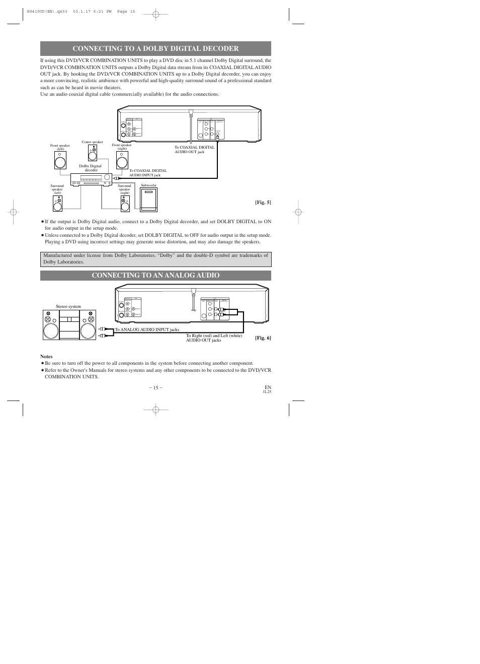 Connecting to a dolby digital decoder, Connecting to an analog audio, Fig. 6 | Emerson EWD2003 User Manual | Page 15 / 44