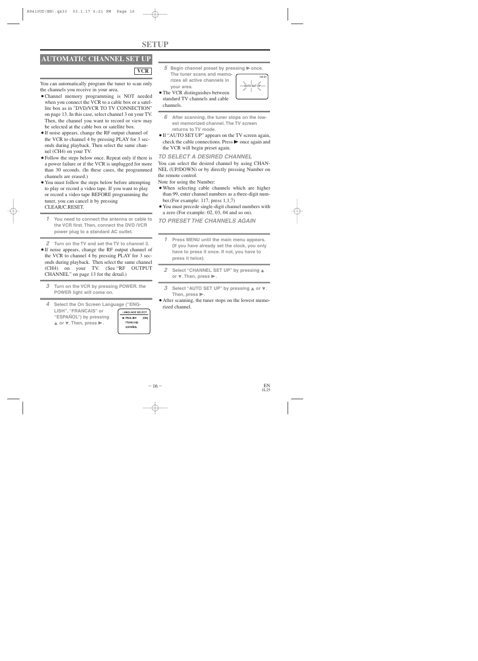 Setup, Automatic channel set up | Emerson EWD2003 User Manual | Page 16 / 44