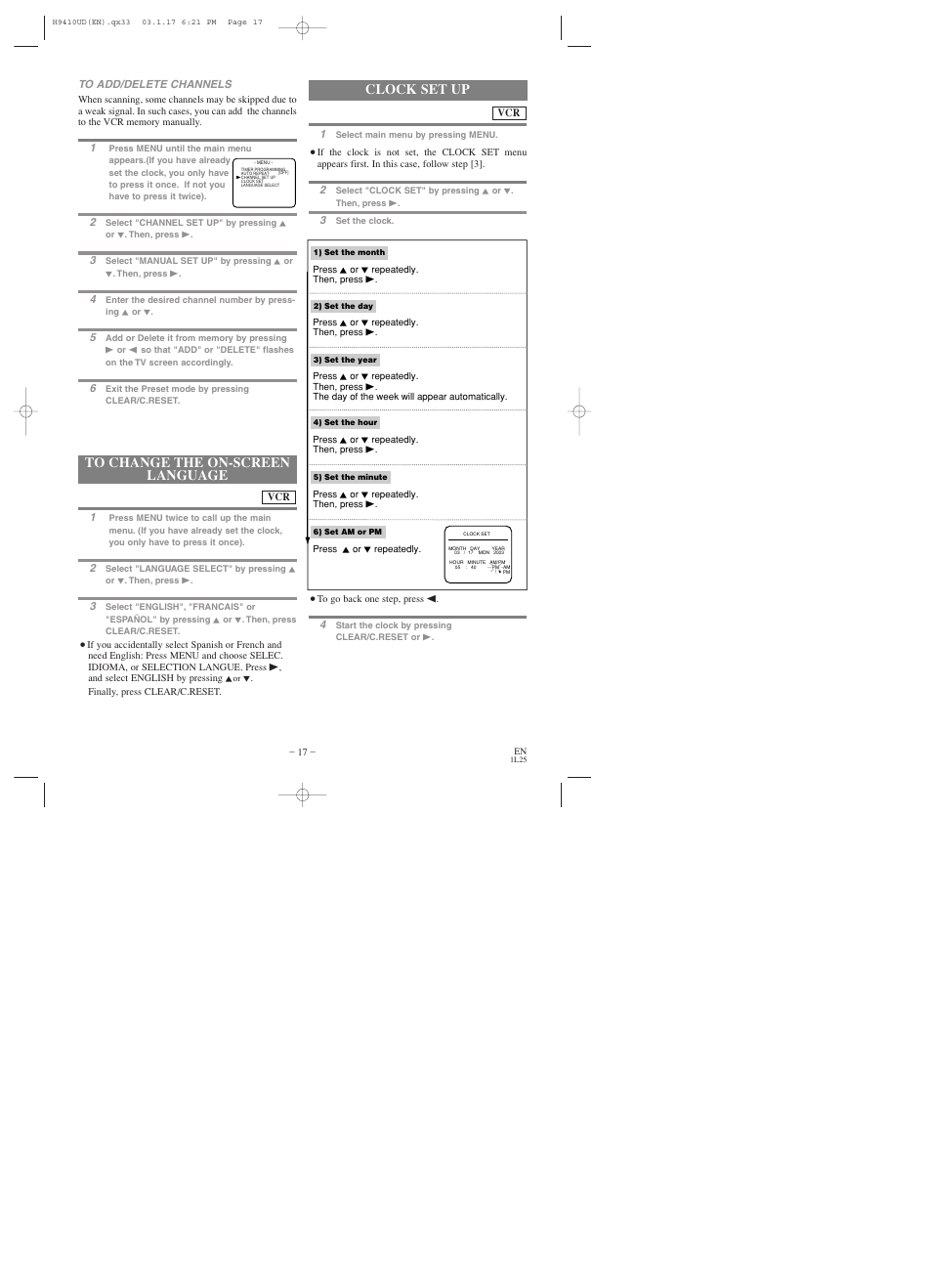 Clock set up | Emerson EWD2003 User Manual | Page 17 / 44