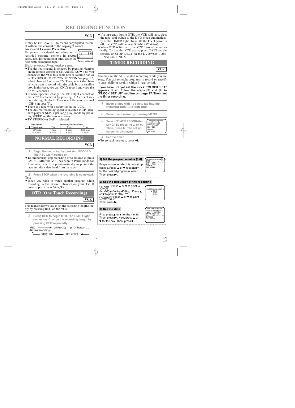 Recording function, Normal recording, Otr (one touch recording) | Timer recording | Emerson EWD2003 User Manual | Page 19 / 44