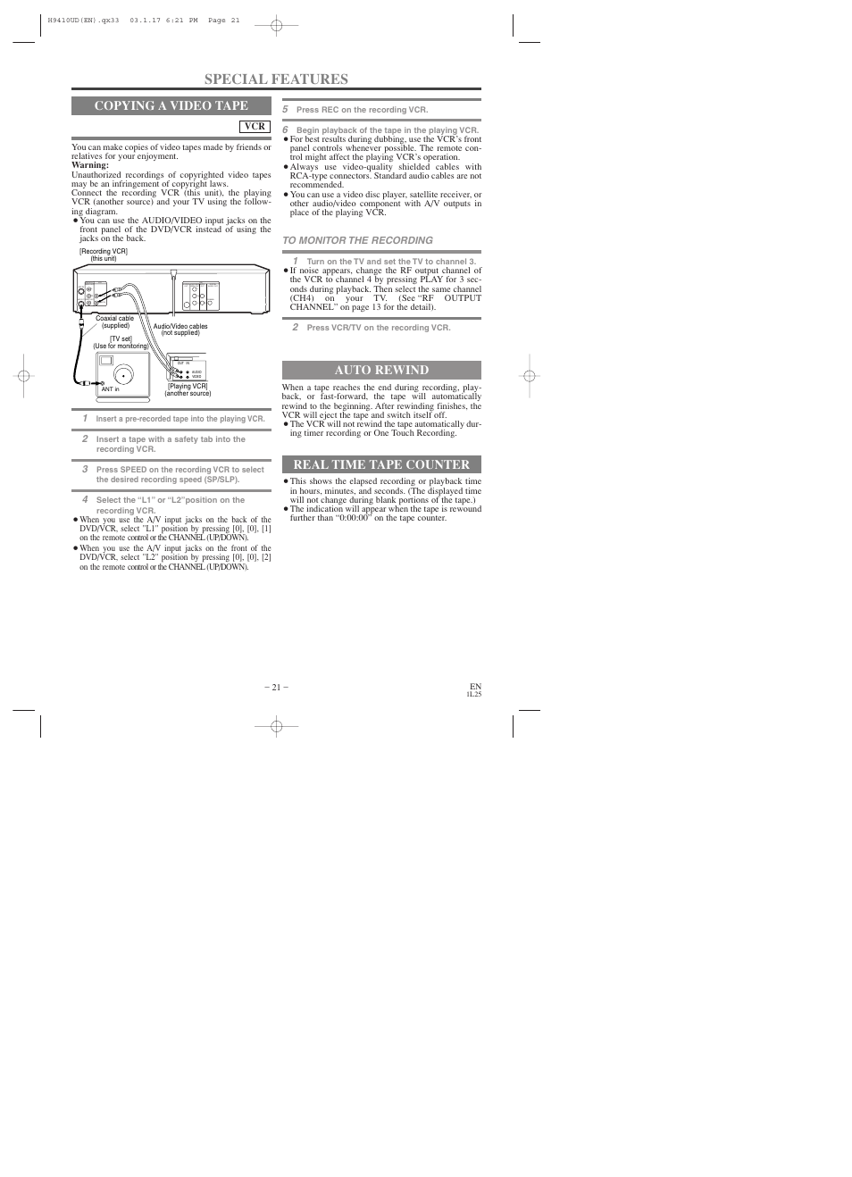 Special features, Copying a video tape, Auto rewind | Real time tape counter | Emerson EWD2003 User Manual | Page 21 / 44