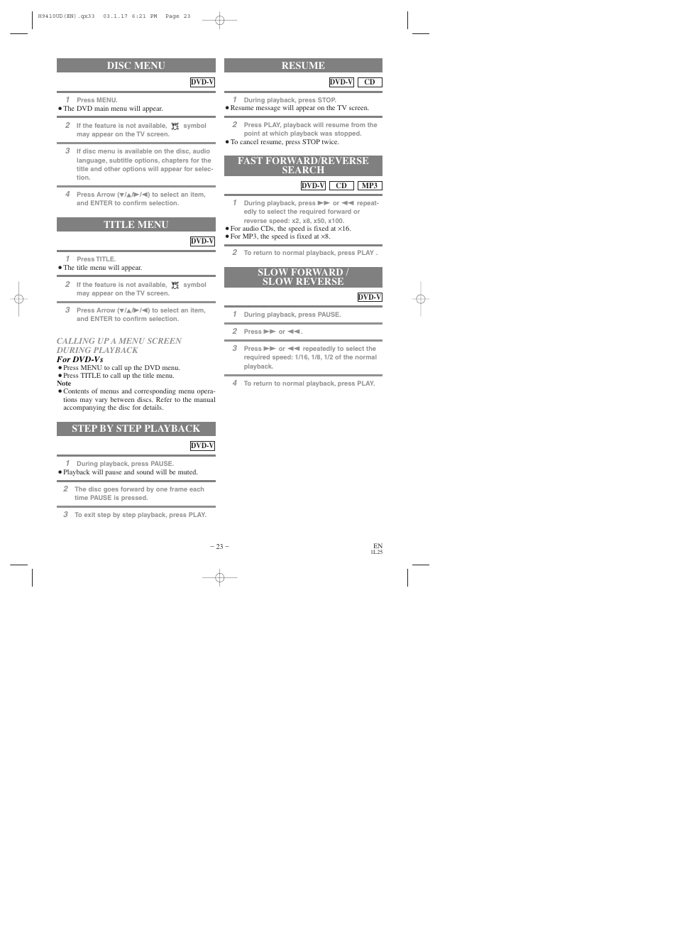 Title menu, Step by step playback, Resume | Disc menu | Emerson EWD2003 User Manual | Page 23 / 44
