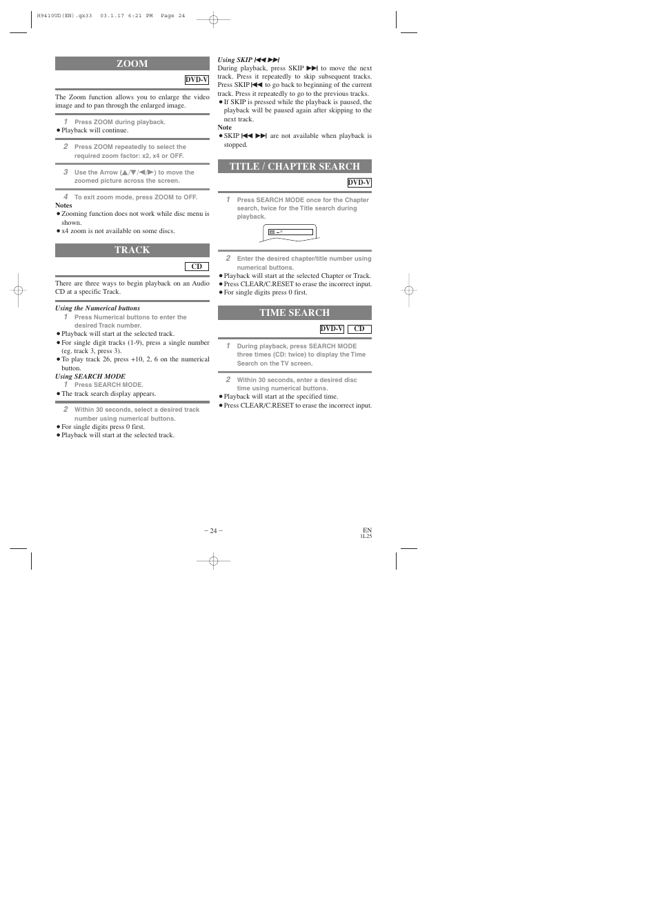 Track, Zoom, Title / chapter search | Time search | Emerson EWD2003 User Manual | Page 24 / 44