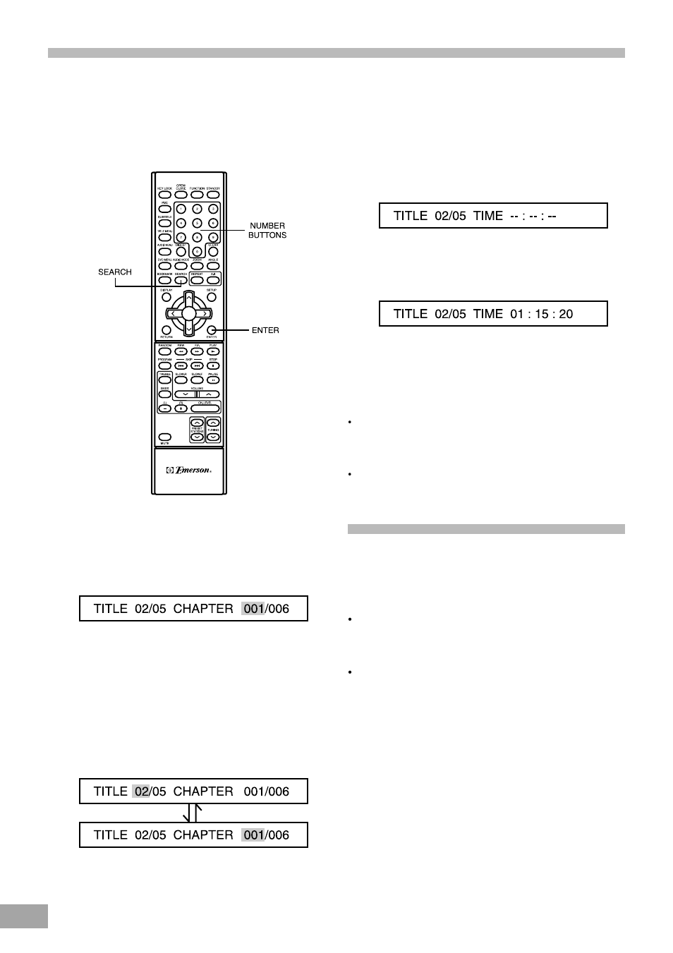 Selecting a start point by chapter or time code, Selecting a cd track using number buttons | Emerson Radio AV50 User Manual | Page 26 / 44