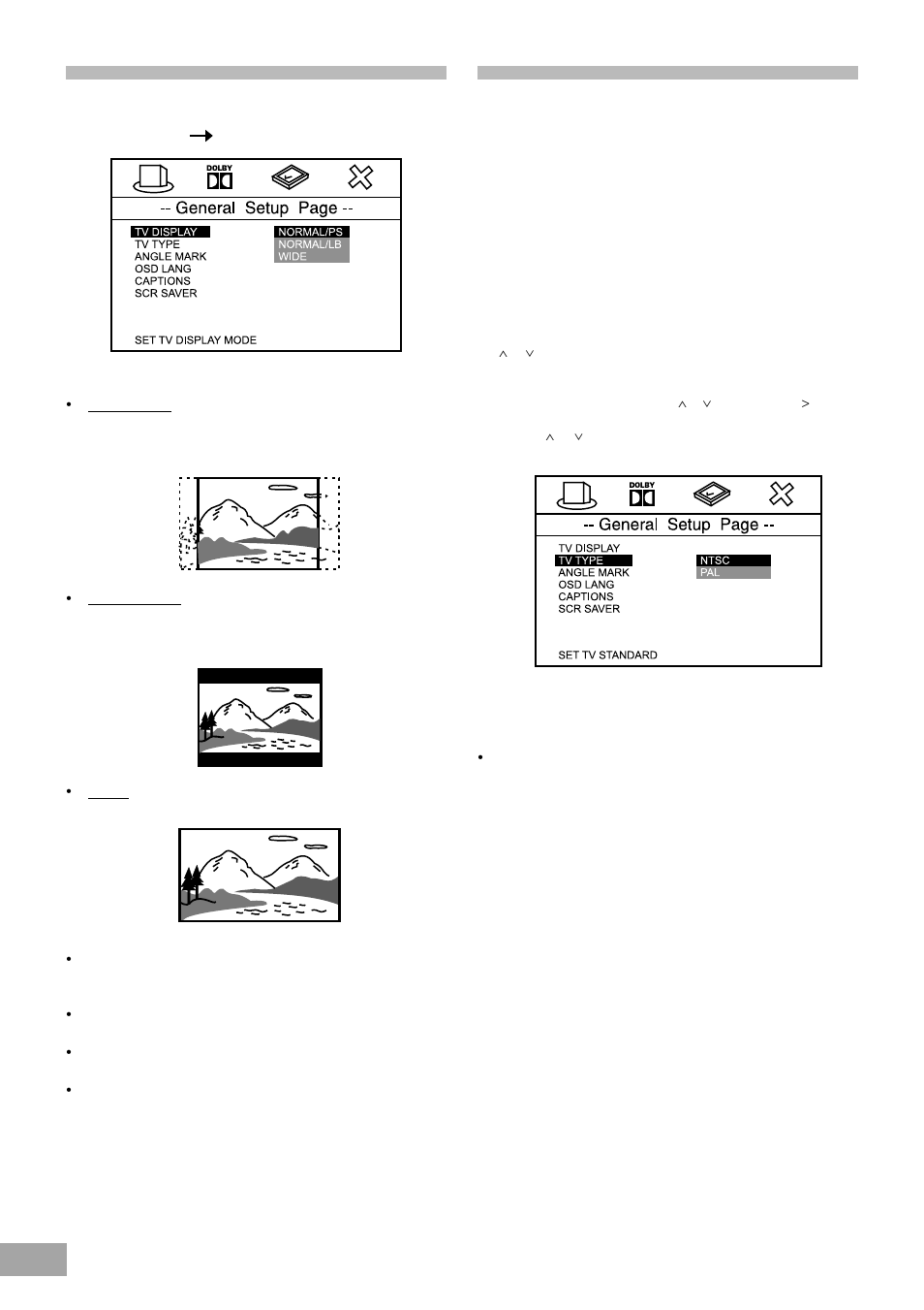 Tv display setting, Tv type setting (multi/ntsc/pal) | Emerson Radio AV50 User Manual | Page 30 / 44