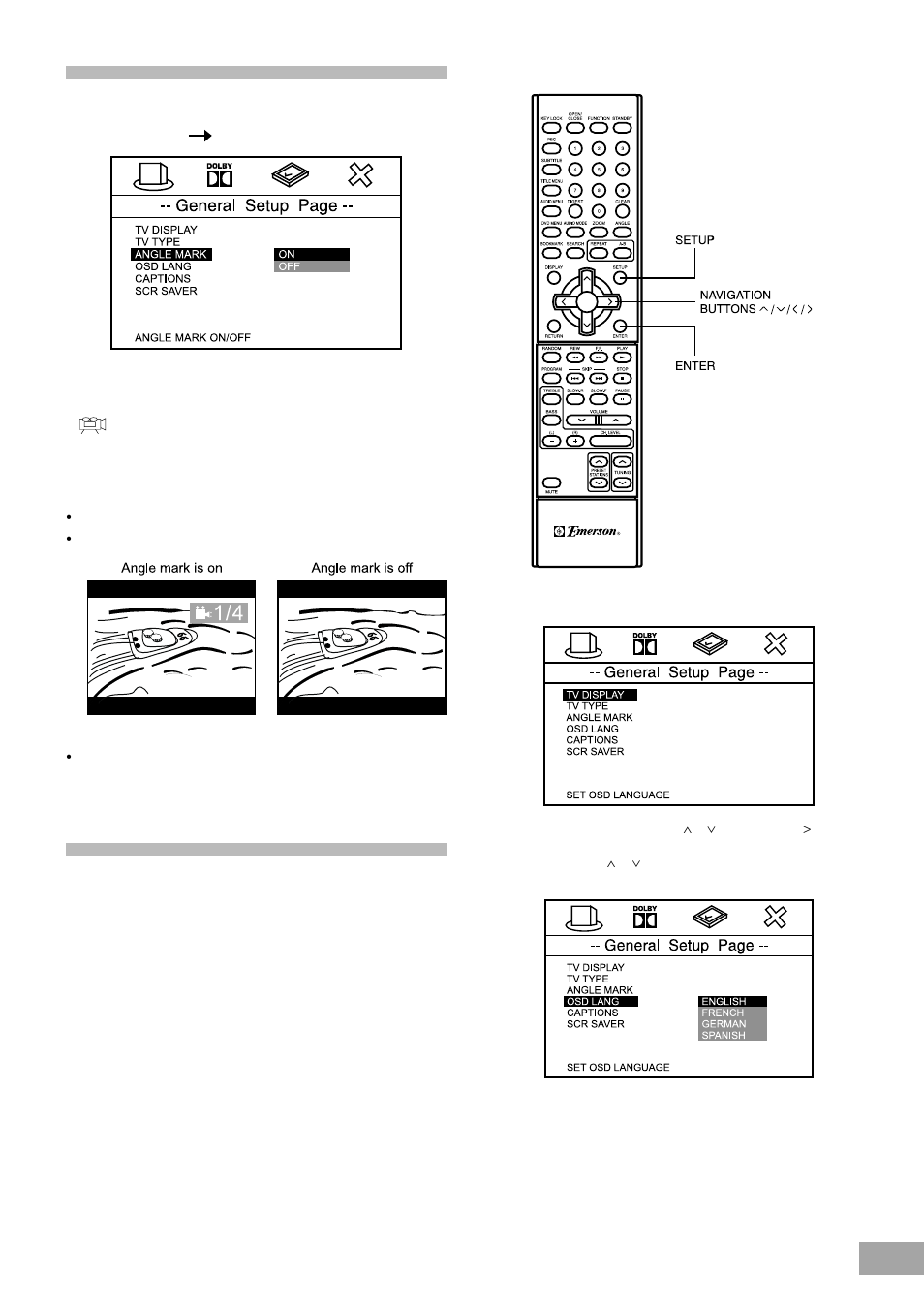 Selecting angle mark, Selecting the on screen display (osd) language | Emerson Radio AV50 User Manual | Page 31 / 44