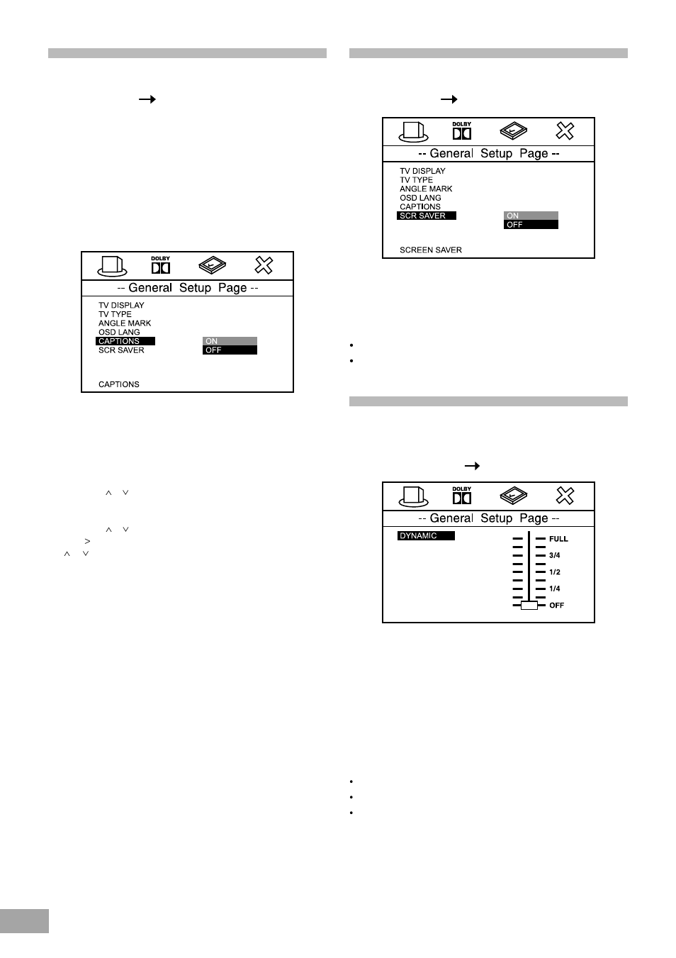 Selecting captions, Screen saver setting (scr saver), Dolby digital setup page dynamic range setting | Emerson Radio AV50 User Manual | Page 32 / 44