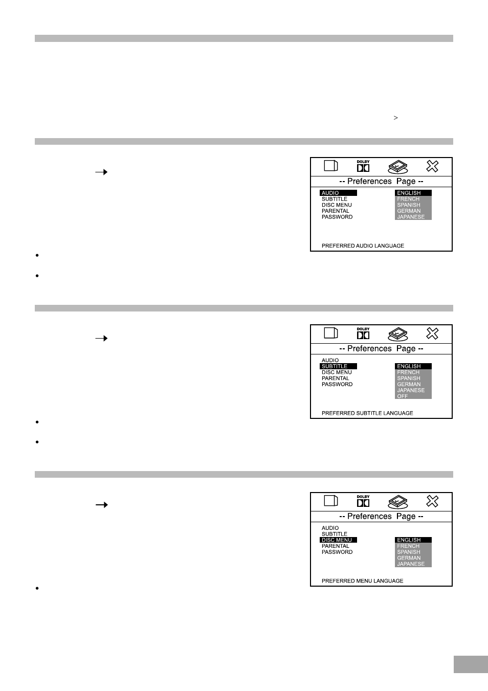 Preferences, Selecting the language for audio, Selecting the language for subtitles | Selecting the language for disc menus | Emerson Radio AV50 User Manual | Page 33 / 44