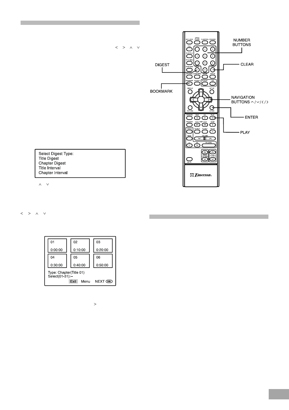 Digest/intro-scan function (for audio cds), Digest display (for movie dvds) | Emerson Radio AV50 User Manual | Page 37 / 44