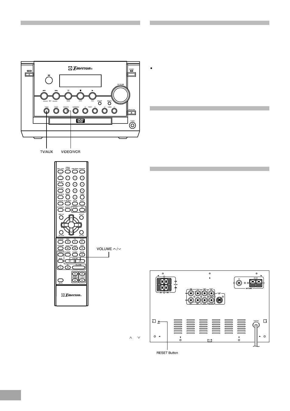 Listening to an external source, Headphone jack, Mute control | Reset button | Emerson Radio AV50 User Manual | Page 40 / 44