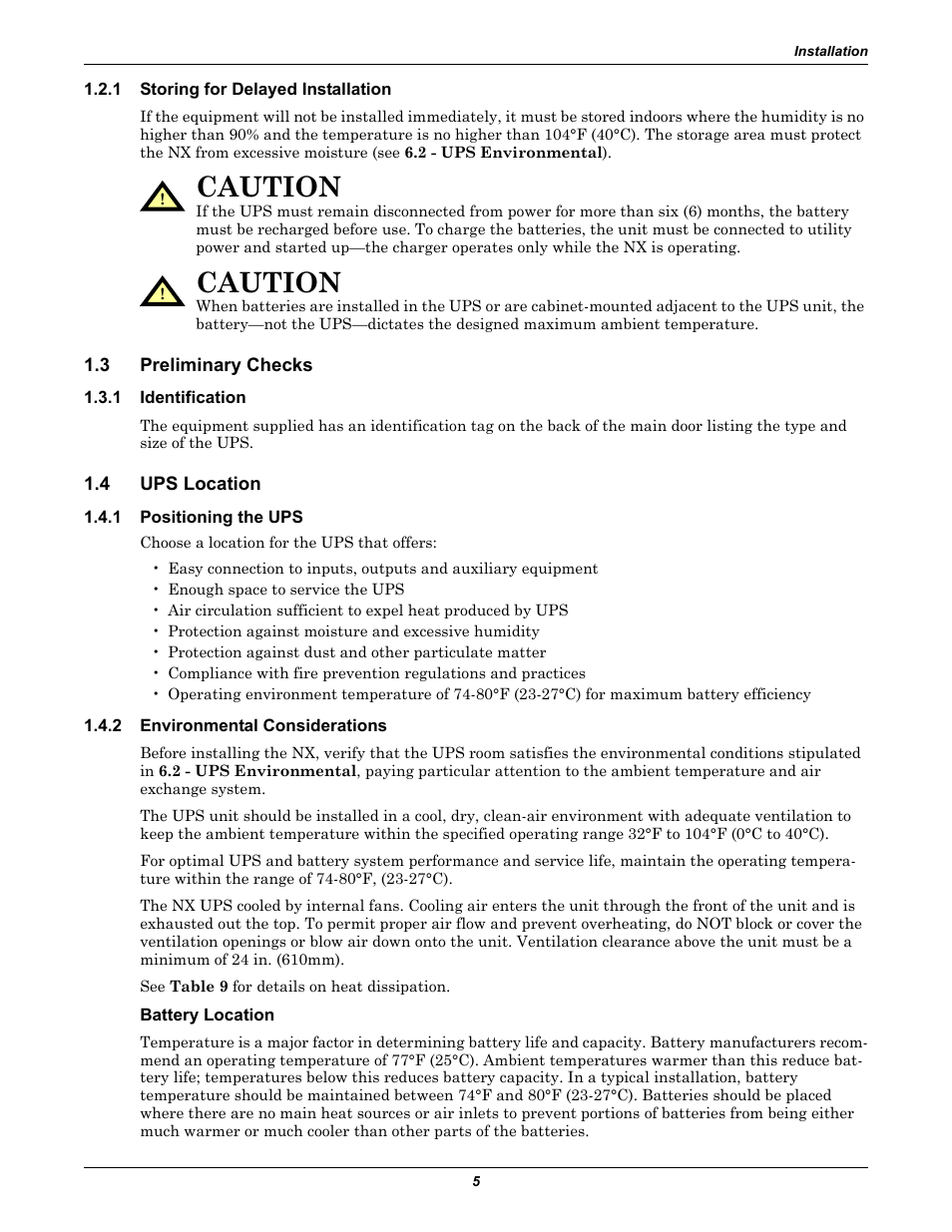 1 storing for delayed installation, 3 preliminary checks, 1 identification | 4 ups location, 1 positioning the ups, 2 environmental considerations, Battery location, Storing for delayed installation, Preliminary checks, Identification | Emerson 60HZ User Manual | Page 11 / 80