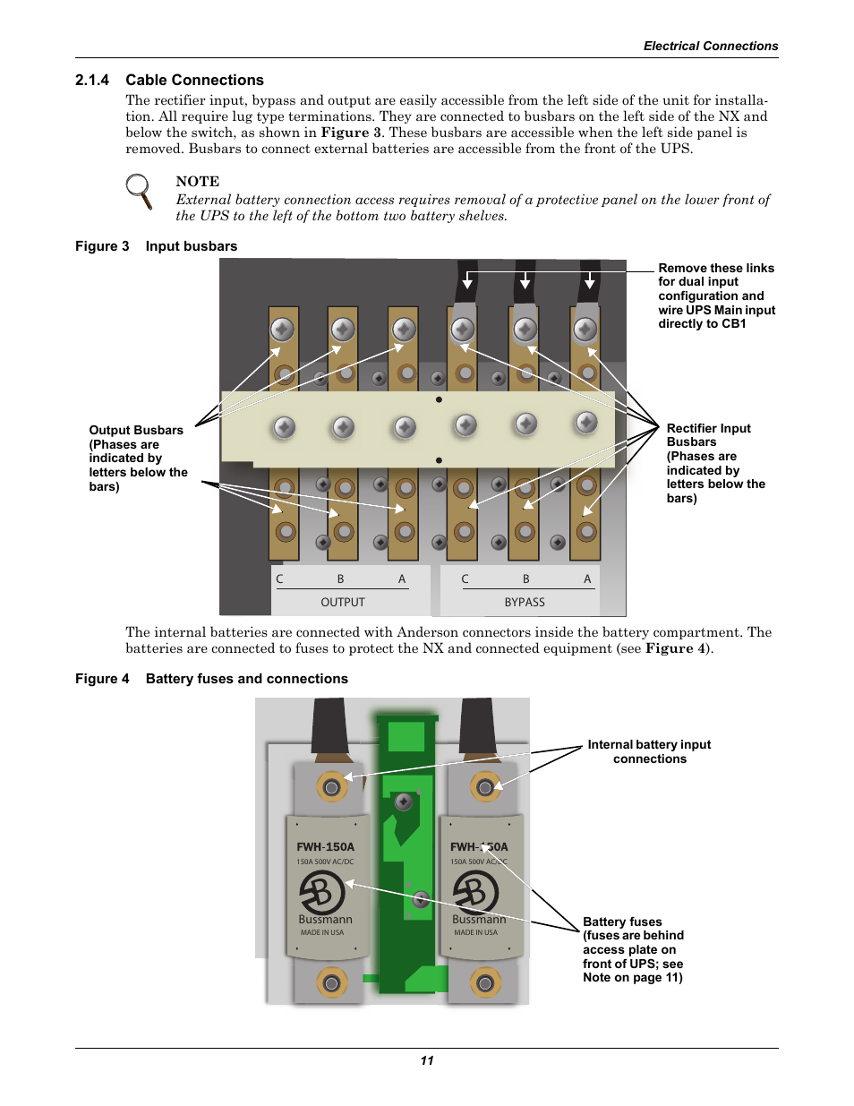 4 cable connections, Figure 3 input busbars, Figure 4 battery fuses and connections | Cable connections, Figure 3, Input busbars, Figure 4, Battery fuses and connections, Figure 3 ) | Emerson 60HZ User Manual | Page 17 / 80