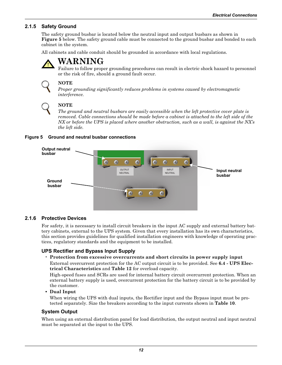 5 safety ground, Figure 5 ground and neutral busbar connections, 6 protective devices | Ups rectifier and bypass input supply, System output, Safety ground, Protective devices, Figure 5, Ground and neutral busbar connections, Warning | Emerson 60HZ User Manual | Page 18 / 80