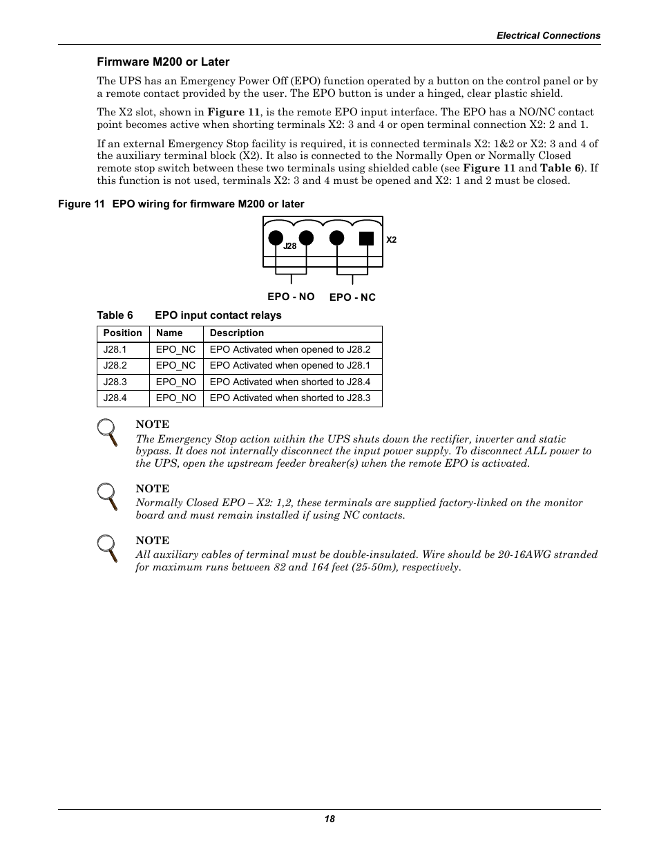 Firmware m200 or later, Figure 11 epo wiring for firmware m200 or later, Table 6 epo input contact relays | Table 6, Epo input contact relays | Emerson 60HZ User Manual | Page 24 / 80