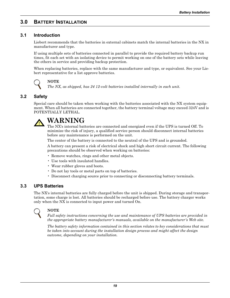 0 battery installation, 1 introduction, 2 safety | 3 ups batteries, Attery, Nstallation, Introduction, Safety, Ups batteries, Warning | Emerson 60HZ User Manual | Page 25 / 80