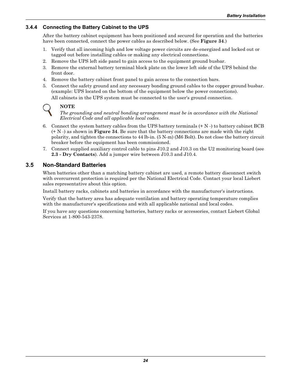 4 connecting the battery cabinet to the ups, 5 non-standard batteries, Connecting the battery cabinet to the ups | Non-standard batteries | Emerson 60HZ User Manual | Page 30 / 80