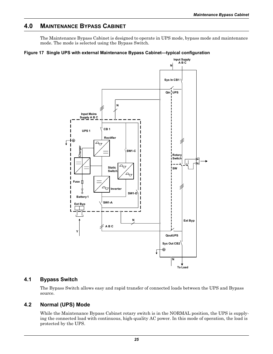0 maintenance bypass cabinet, 1 bypass switch, 2 normal (ups) mode | Aintenance, Ypass, Abinet, Bypass switch, Normal (ups) mode | Emerson 60HZ User Manual | Page 31 / 80