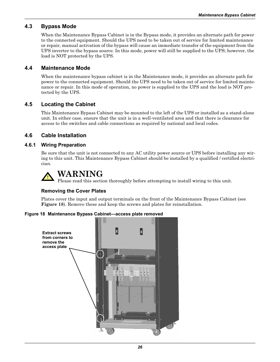 3 bypass mode, 4 maintenance mode, 5 locating the cabinet | 6 cable installation, 1 wiring preparation, Removing the cover plates, Bypass mode, Maintenance mode, Locating the cabinet, Cable installation | Emerson 60HZ User Manual | Page 32 / 80