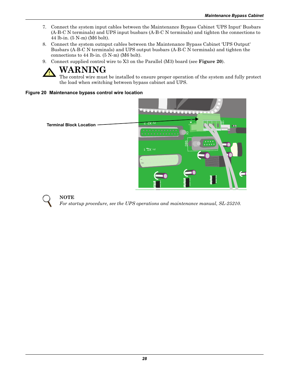 Figure 20 maintenance bypass control wire location, Warning | Emerson 60HZ User Manual | Page 34 / 80