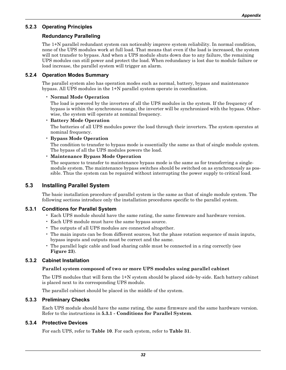 3 operating principles, Redundancy paralleling, 4 operation modes summary | 3 installing parallel system, 1 conditions for parallel system, 2 cabinet installation, 3 preliminary checks, 4 protective devices, Operating principles, Operation modes summary | Emerson 60HZ User Manual | Page 38 / 80