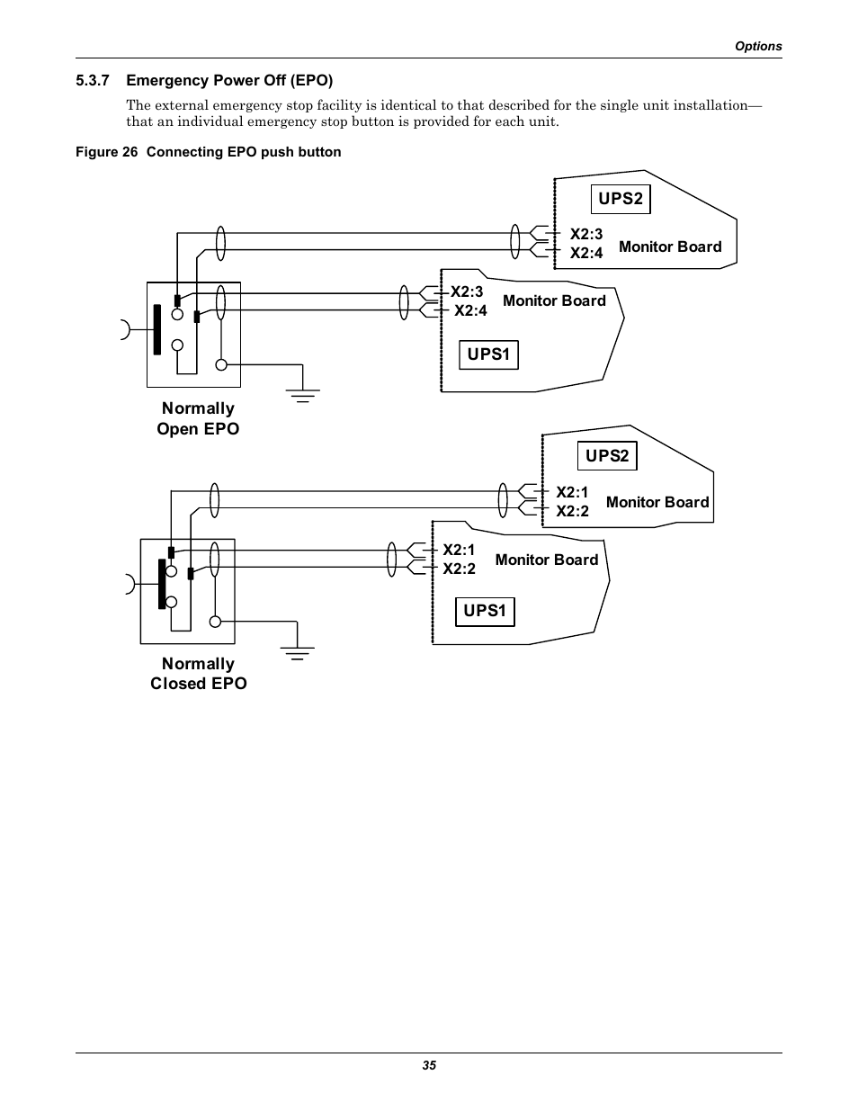 7 emergency power off (epo), Figure 26 connecting epo push button, Emergency power off (epo) | Emerson 60HZ User Manual | Page 41 / 80