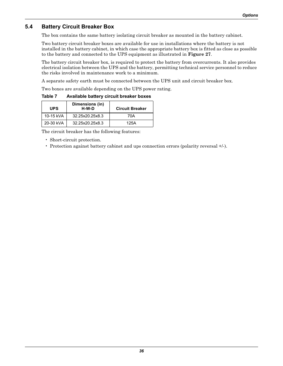 4 battery circuit breaker box, Table 7 available battery circuit breaker boxes, Battery circuit breaker box | Table 7, Available battery circuit breaker boxes | Emerson 60HZ User Manual | Page 42 / 80