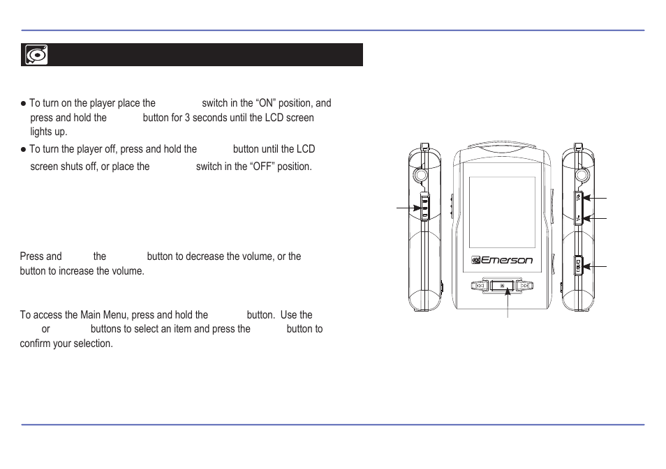 Basic operation, Turning on/off, Adjusting the volume | Selecting main menu or mode | Emerson EMP516-2 User Manual | Page 11 / 30