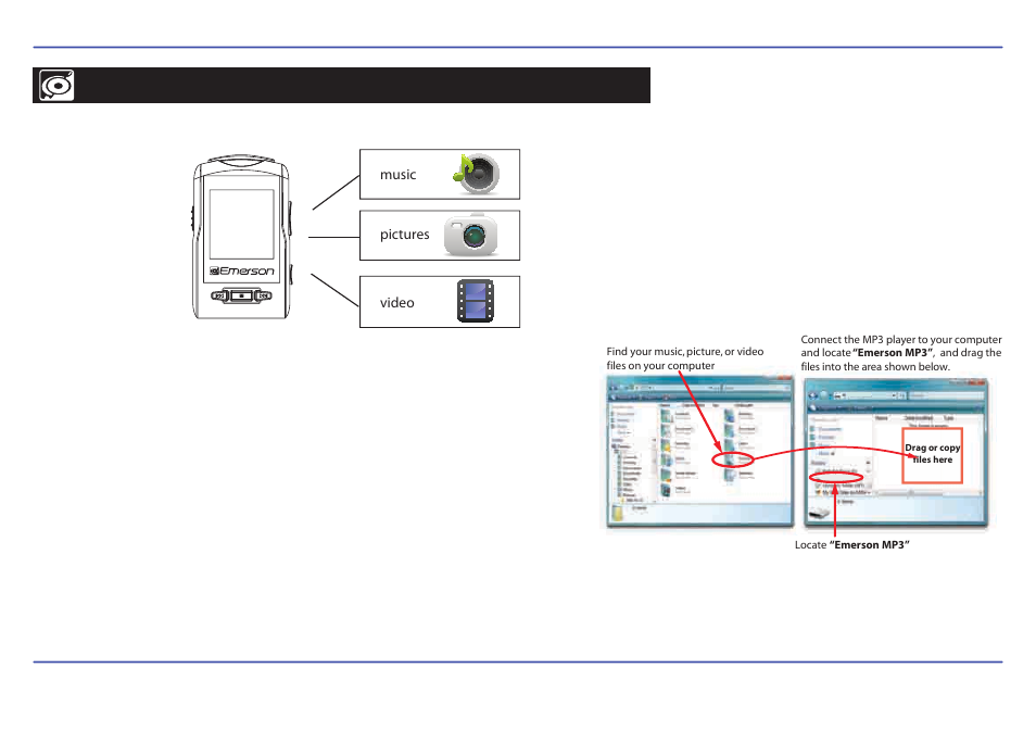 Transferring media files to the player, Transferring media to the player | Emerson EMP516-2 User Manual | Page 12 / 30