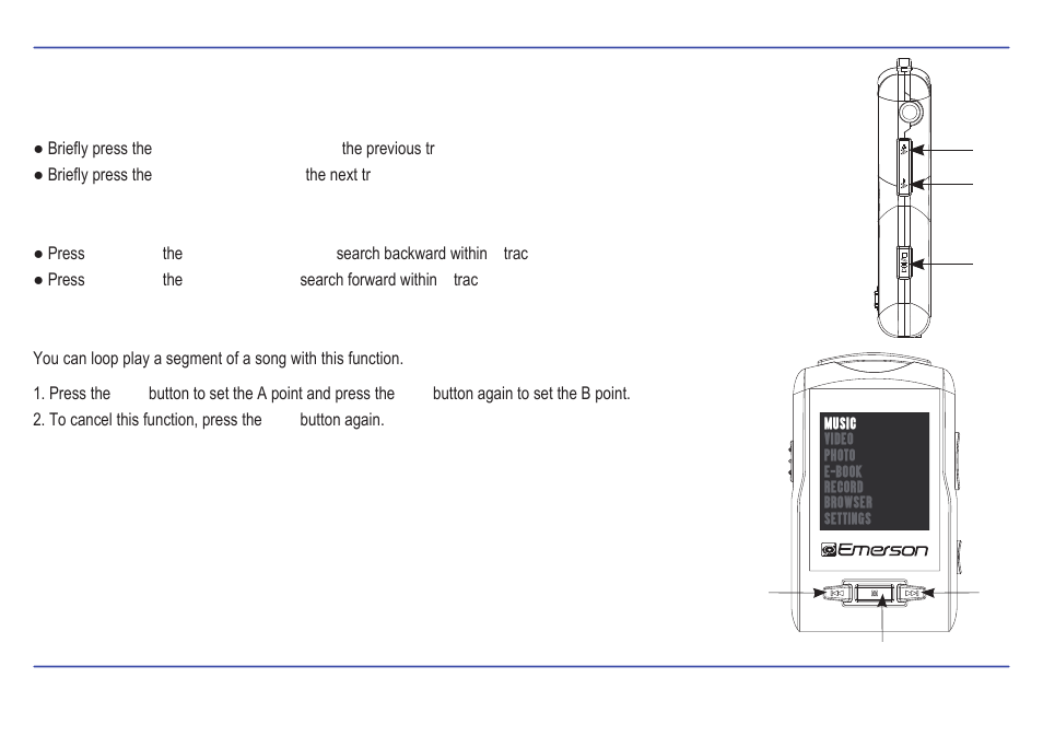 Skipping tracks, Searching backward or forward within a track, A-b repeat function | Emerson EMP516-2 User Manual | Page 14 / 30