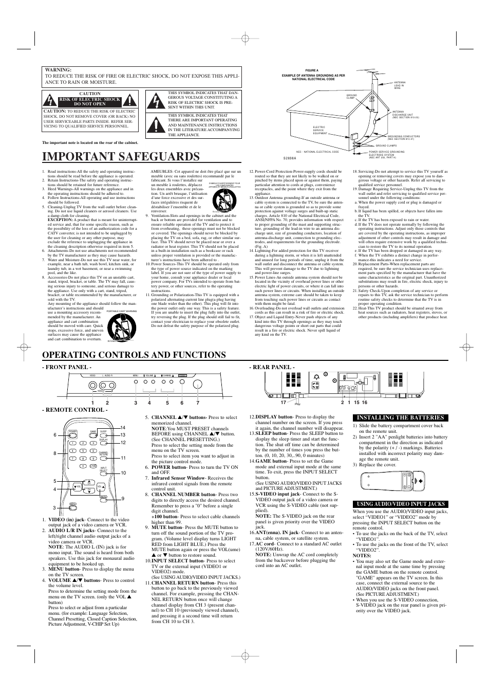 Important safeguards, Operating controls and functions, Rear panel | Remote control, Installing the batteries, Using audio/video input jacks, Front panel | Emerson EWF2702 User Manual | Page 2 / 8