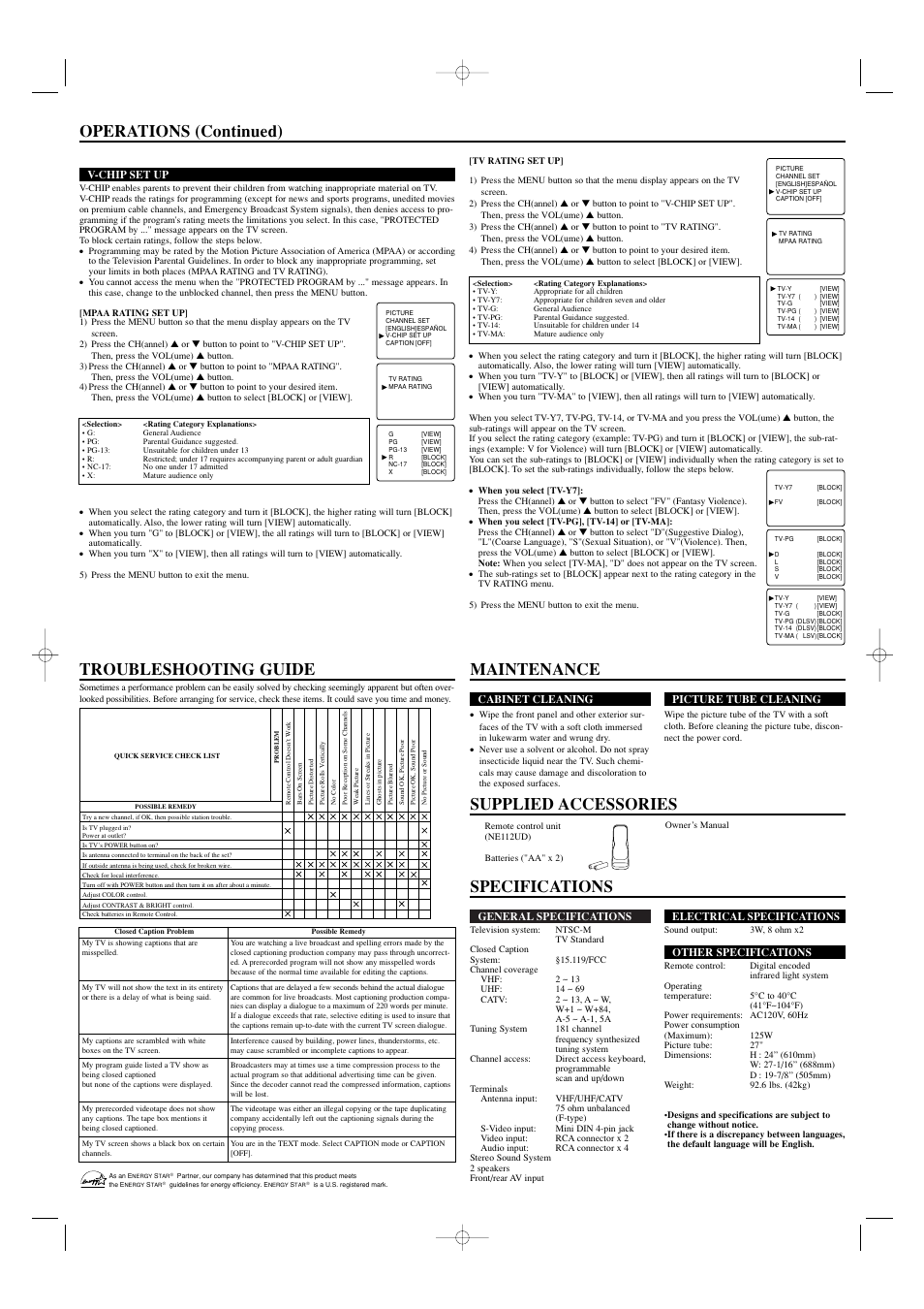 Specifications operations (continued) | Emerson EWF2702 User Manual | Page 4 / 8