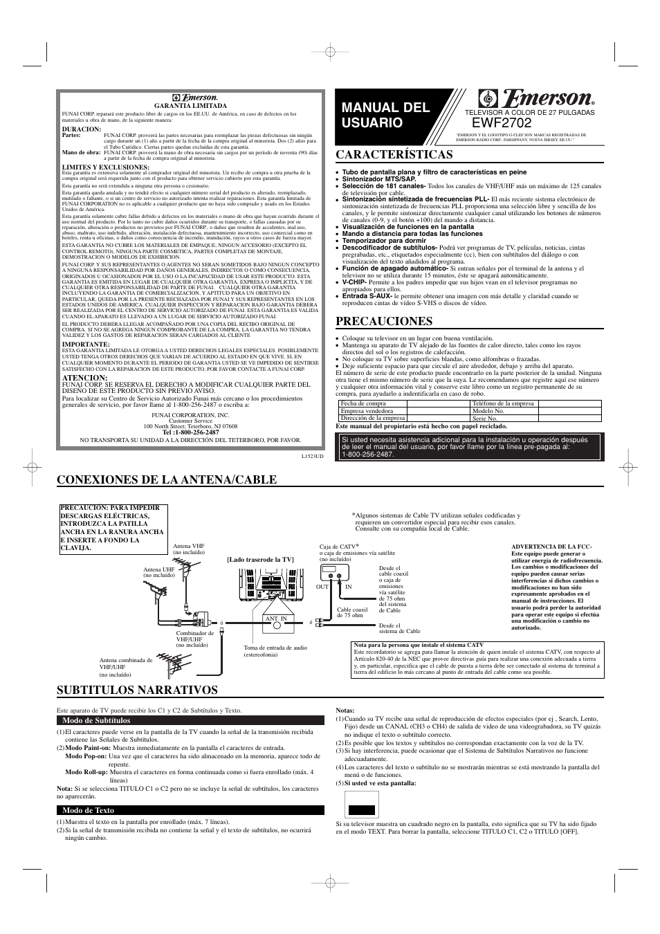 Manual del usuario, Ewf2702, Conexiones de la antena/cable precauciones | Características, Subtitulos narrativos | Emerson EWF2702 User Manual | Page 5 / 8