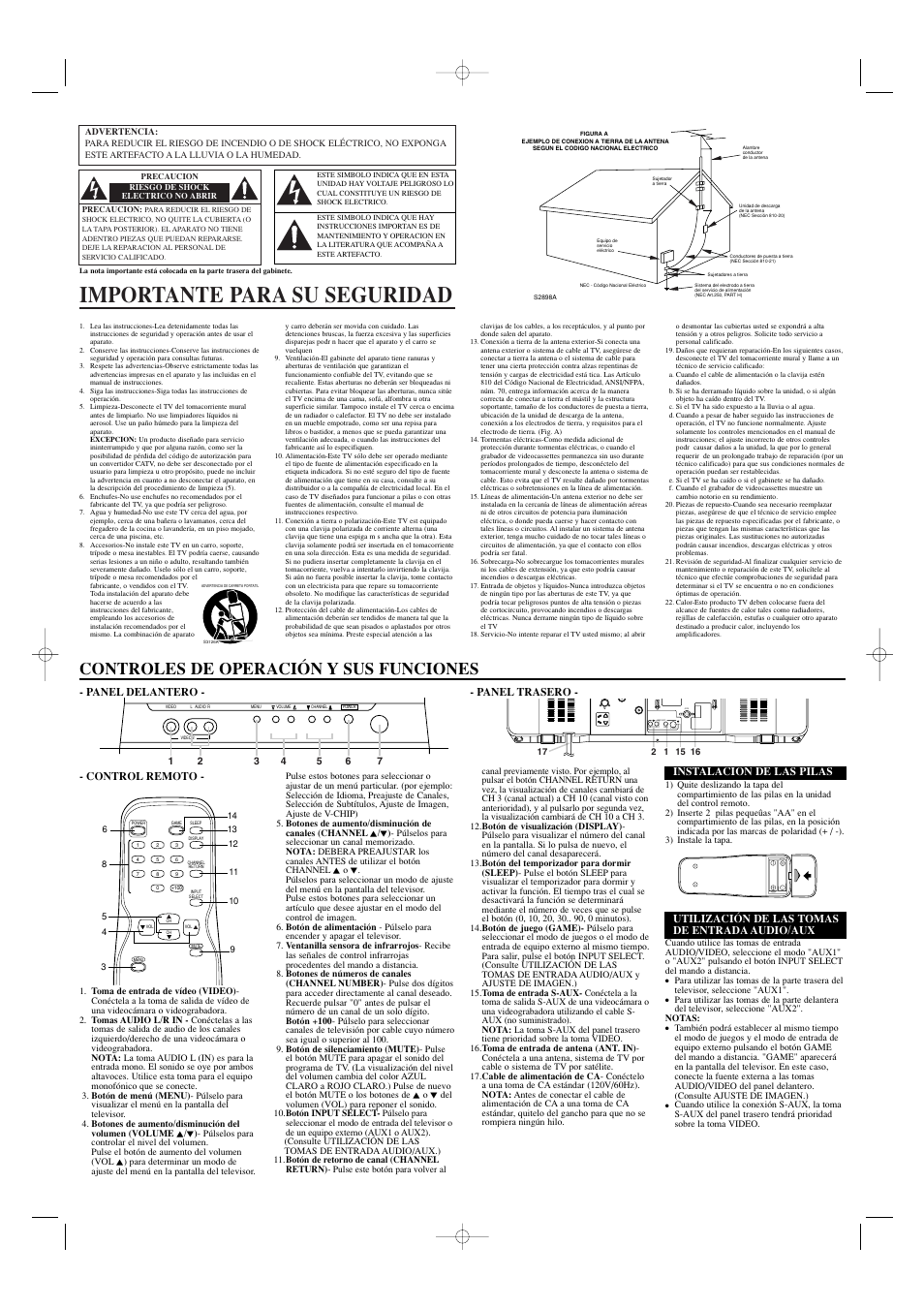 Importante para su seguridad, Controles de operación y sus funciones, Panel delantero - - panel trasero | Control remoto, Utilización de las tomas de entrada audio/aux, Instalacion de las pilas | Emerson EWF2702 User Manual | Page 6 / 8