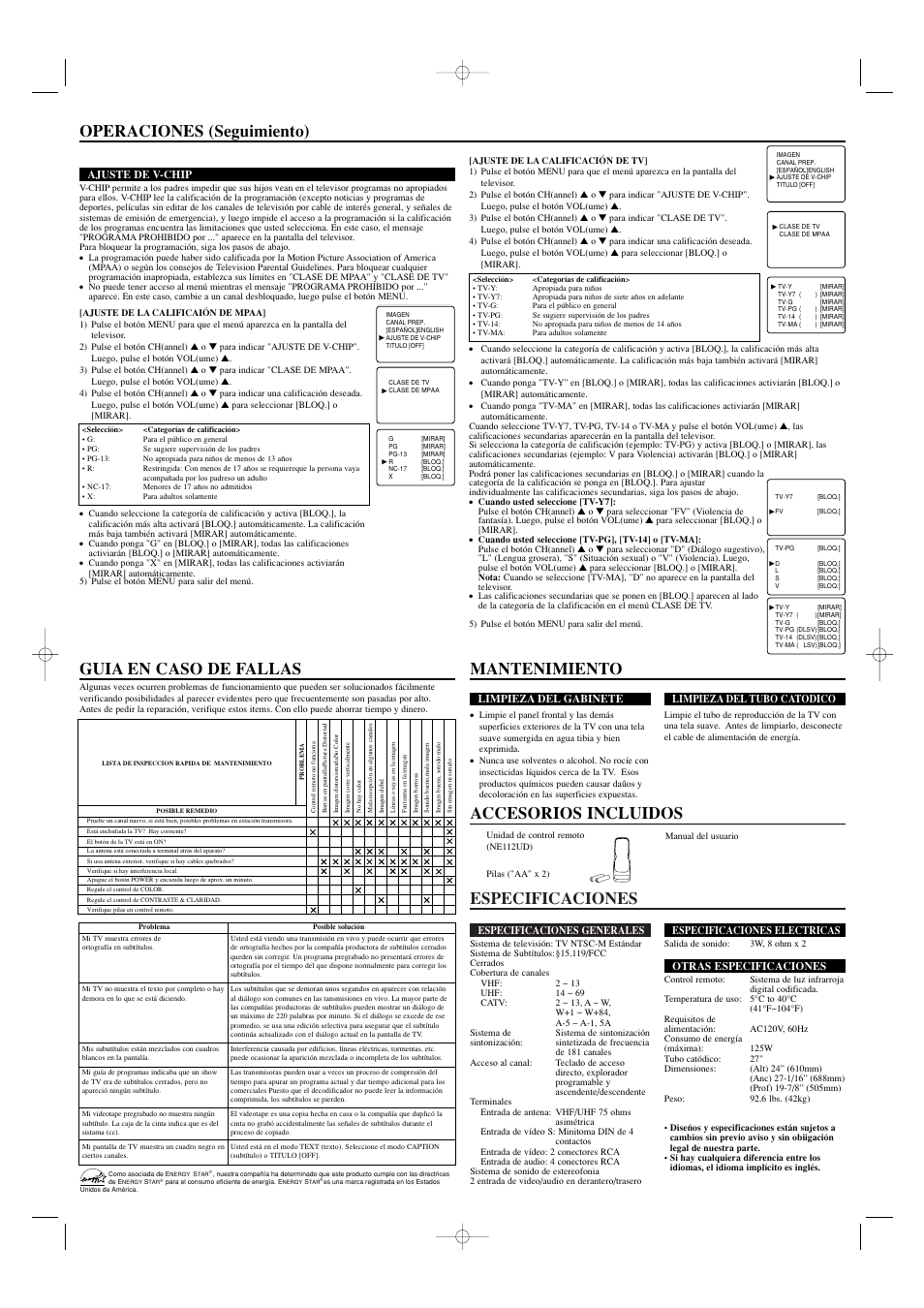 Especificaciones, Operaciones (seguimiento) | Emerson EWF2702 User Manual | Page 8 / 8