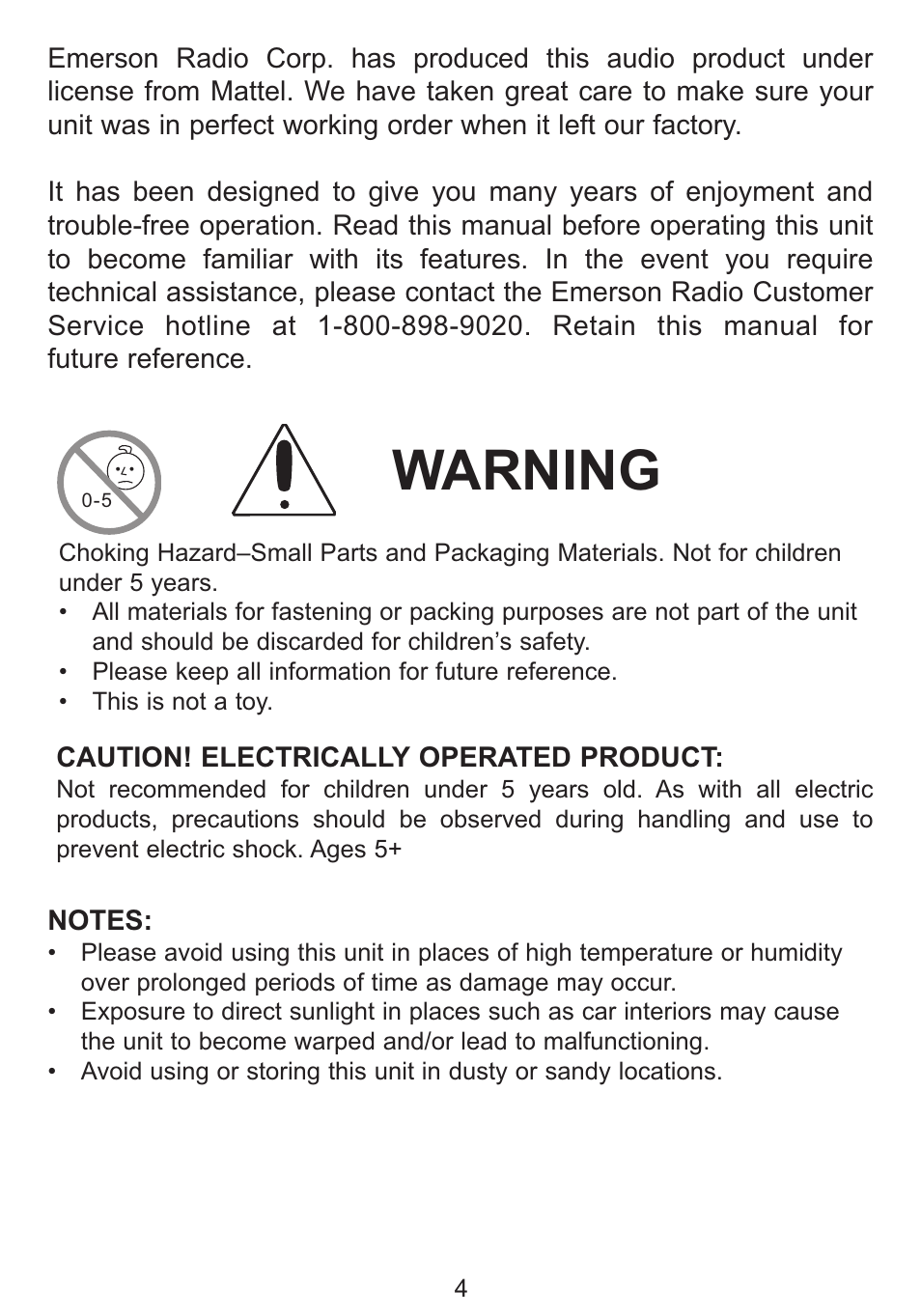 Warning | Emerson Radio Barbie BAR201 User Manual | Page 5 / 22