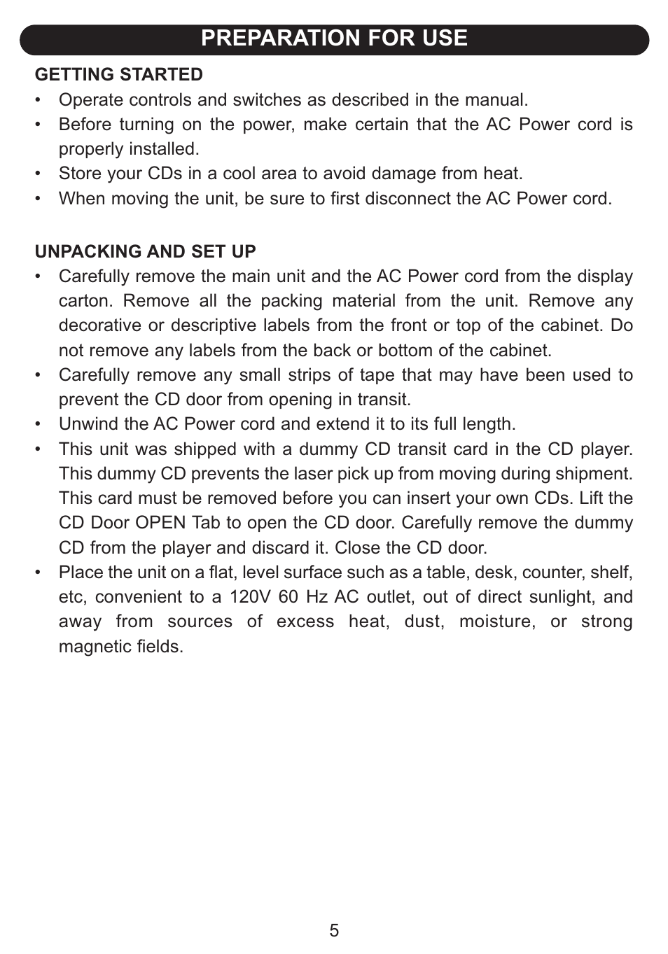 Preparation for use | Emerson Radio Barbie BAR201 User Manual | Page 6 / 22
