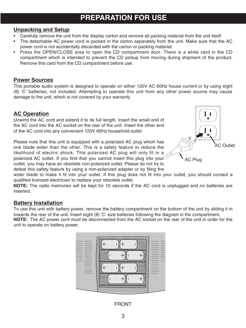 Preparation for use | Emerson Radio PD5812 User Manual | Page 4 / 16