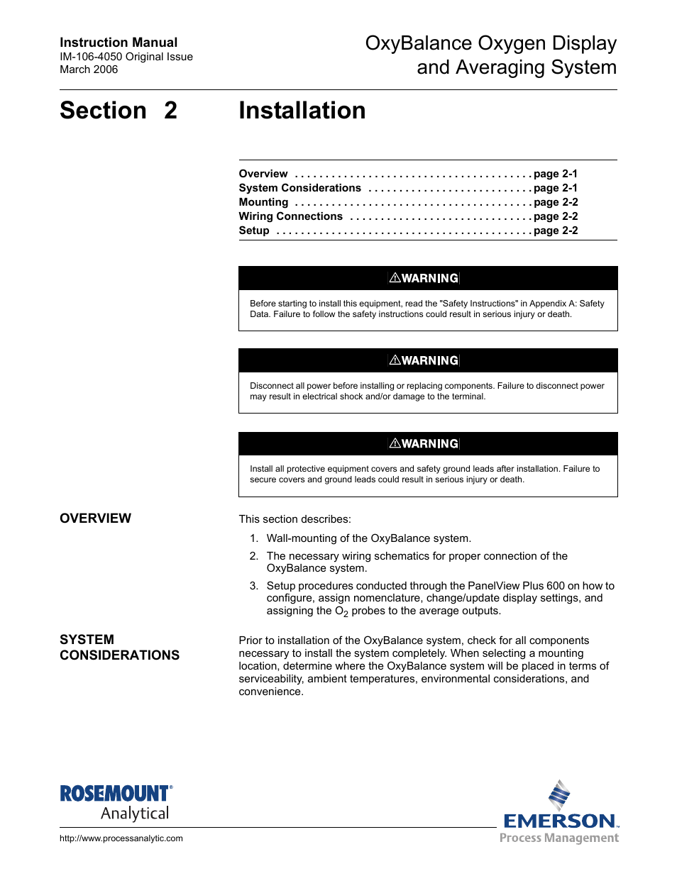 Section 2 installation, Overview, System considerations | Overview -1 system considerations -1, Oxybalance oxygen display and averaging system | Emerson OXYBALANCE IM-106-4050 User Manual | Page 13 / 64