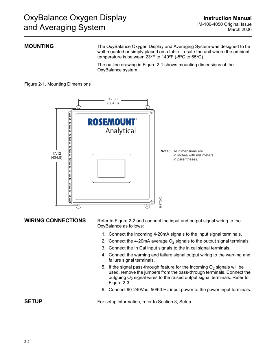 Mounting, Wiring connections, Setup | Mounting -2 wiring connections -2 setup -2, Oxybalance oxygen display and averaging system, Instruction manual | Emerson OXYBALANCE IM-106-4050 User Manual | Page 14 / 64