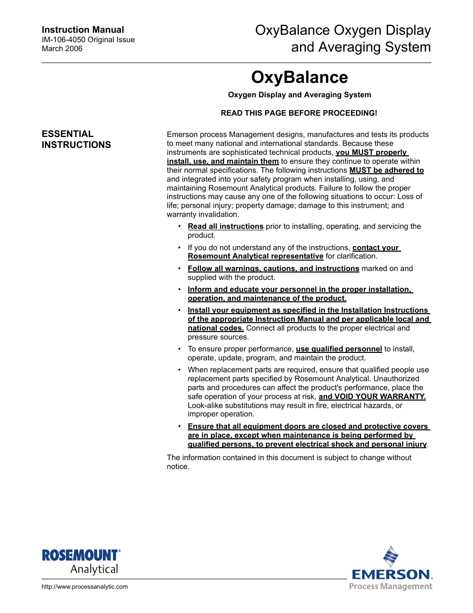 Essential instructions, Oxybalance, Oxybalance oxygen display and averaging system | Emerson OXYBALANCE IM-106-4050 User Manual | Page 5 / 64