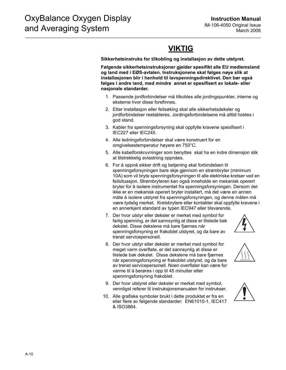 Oxybalance oxygen display and averaging system, Viktig | Emerson OXYBALANCE IM-106-4050 User Manual | Page 56 / 64