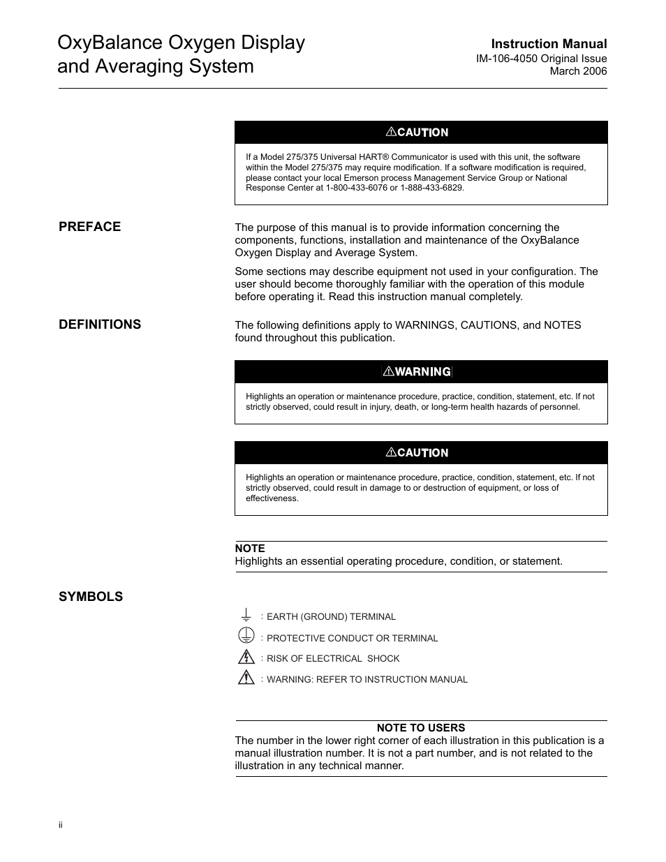 Preface, Definitions, Symbols | Oxybalance oxygen display and averaging system | Emerson OXYBALANCE IM-106-4050 User Manual | Page 6 / 64