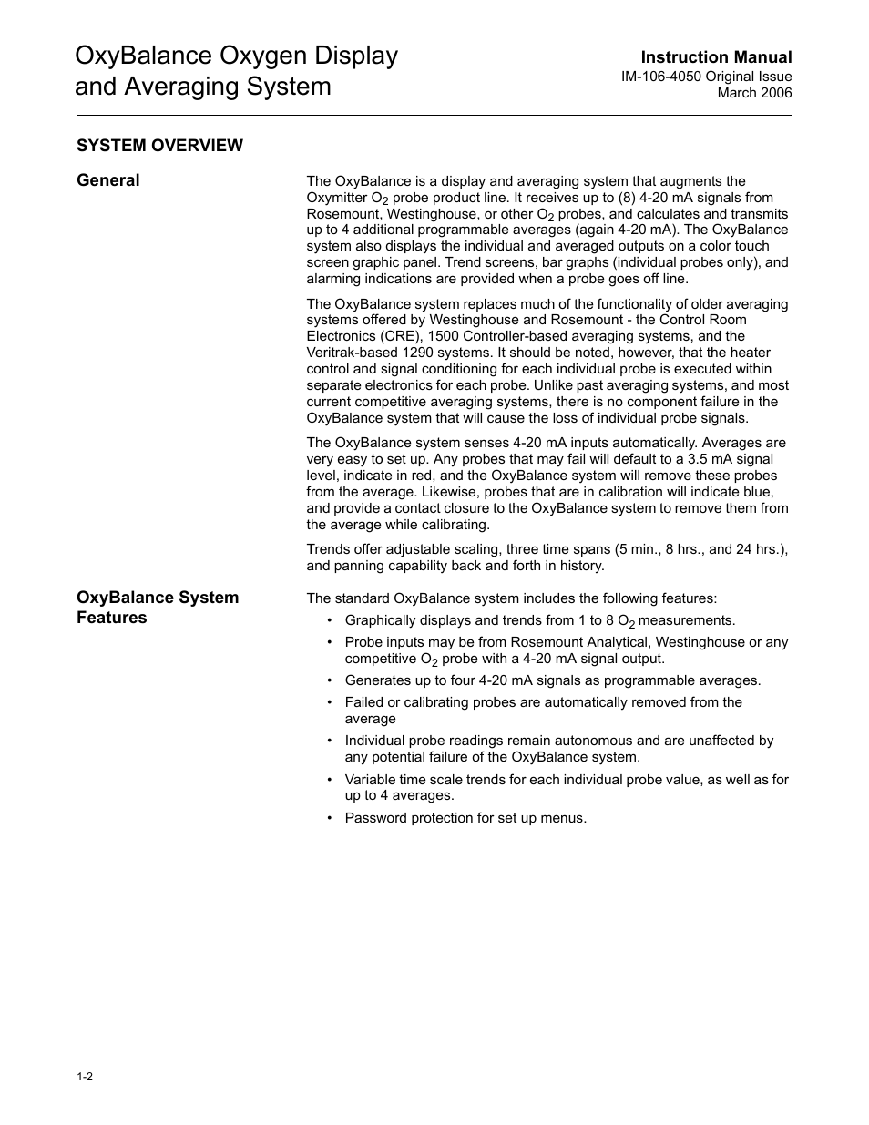 System overview, General, Oxybalance system features | System overview -2, General -2 oxybalance system features -2, Oxybalance oxygen display and averaging system | Emerson OXYBALANCE IM-106-4050 User Manual | Page 8 / 64