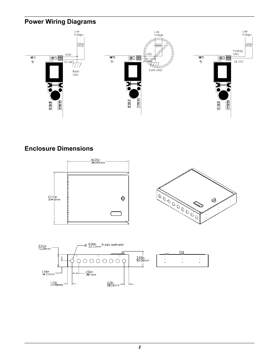 Power wiring diagrams, Enclosure dimensions | Emerson SITETPI-E V3 User Manual | Page 2 / 4